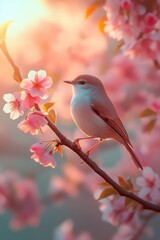 Obraz premium Bird on tree branch with beautiful flower in Spring.