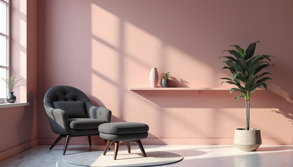 Chic reading nook with a dark gray armchair, soft pink walls, and elegant decor. Ideal for modern home interiors, cozy design, and relaxation spaces.