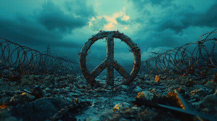 Fototapeta premium Broken peace symbol surrounded by barbed wire illustrates ongoing global conflicts in a dark and moody atmosphere