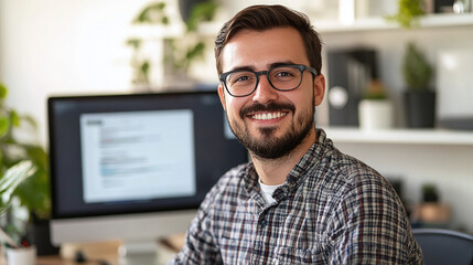 Smiling man with glasses in front of a computer, coding or working remotely in his home office. Positive energy and a modern workplace setting.