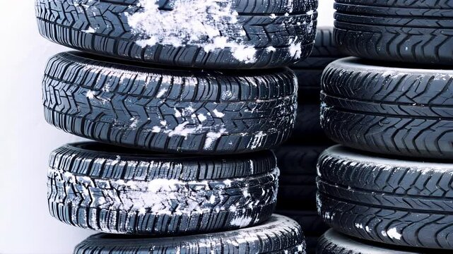 Closeup of stacked snowcovered tires highlighting winter tire textures and patterns