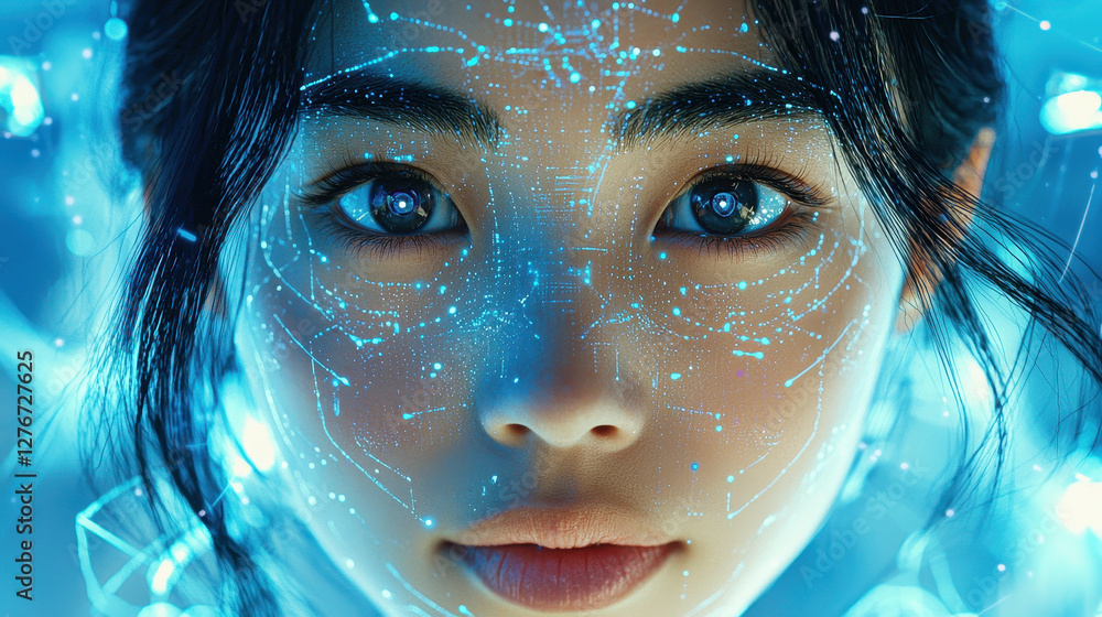 Aufkleber close-up portrait of an ai-generated digital clone with unsettling realism and futuristic synthetic 