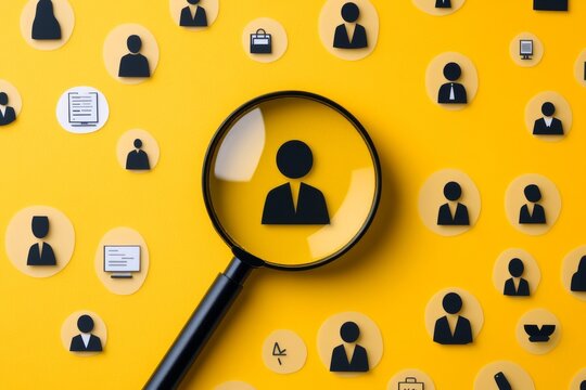 Among white icons, a yellow human figure inside a magnifying glass highlights the theme of customer focus and CRM