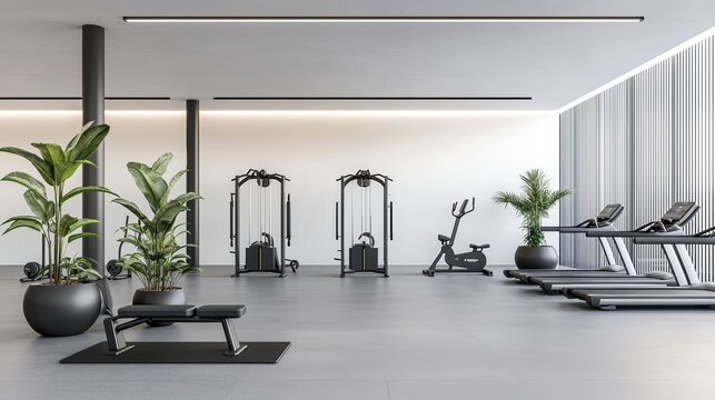 Modern gym interior with stylish fitness equipment, high-end wellness center branding, clean and organized workout environment