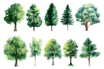 A set of green trees painted in watercolor, isolated on white, for use in landscape and architectural drawings, garden and environmental elements, and botanical illustrations for spring