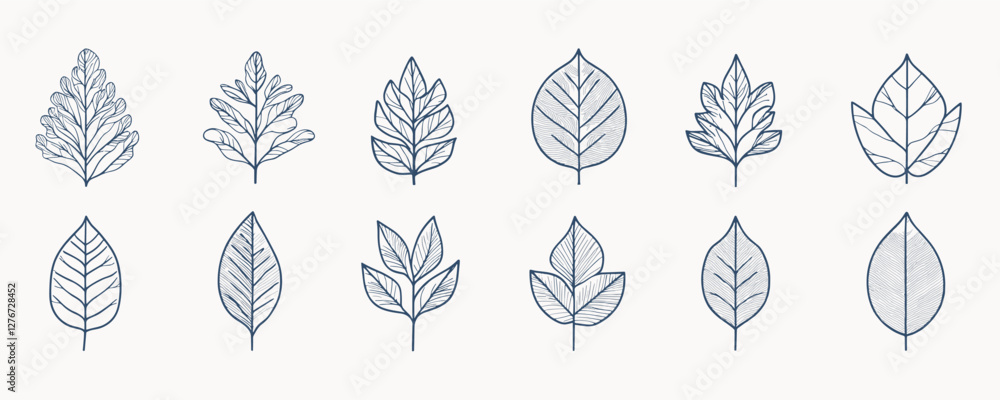 Aufkleber set of twelve decorative leaf illustrations in various simple line art styles on white background. v
