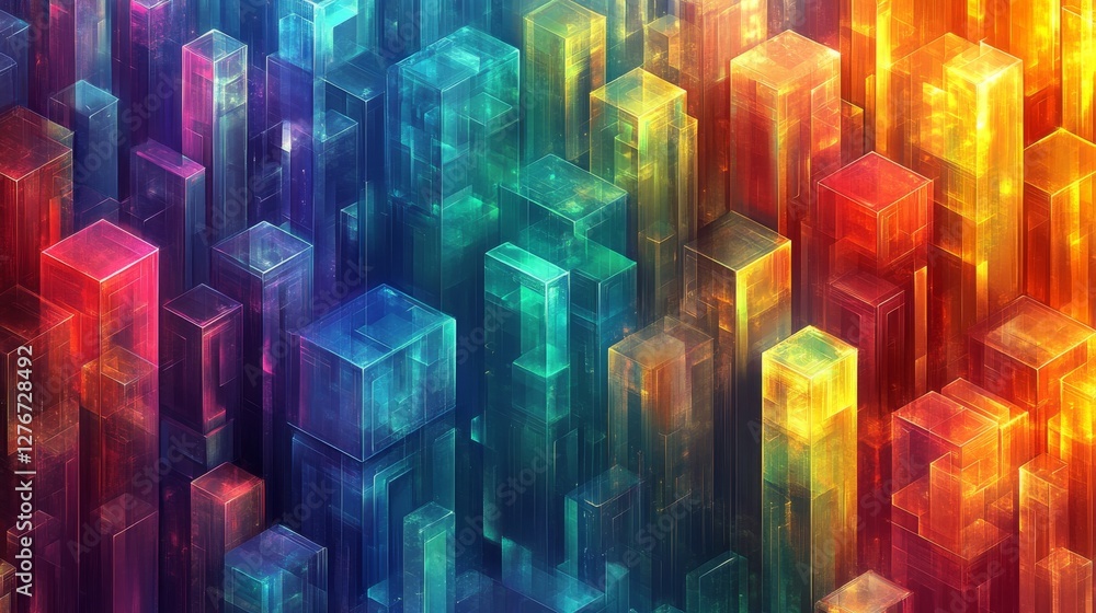 Poster a background with abstract geometric patterns and isometric digital blocks, symbolizing blockchain t