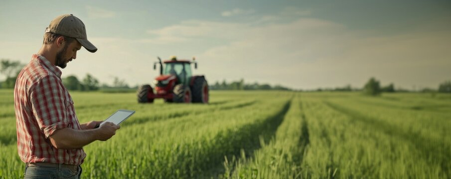 Farmer holding tablet field agriculture landscape.