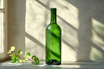 A minimalist backdrop features a glass bottle of olive oil