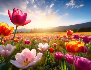 Colorful tulips blooming in a field at sunset celebrating may day