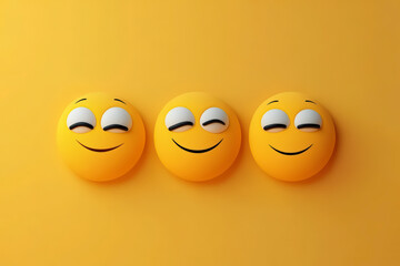 Three smiling yellow emojis with closed eyes on a vibrant yellow background, conveying happiness and positivity in digital communication.
