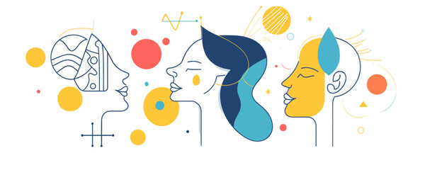 Abstract illustrated portraits of three diverse women with geometric patterns and vibrant colors. Vector