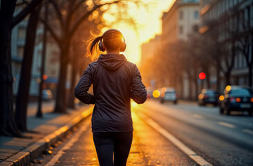 Young woman runs along a city street during sunset while listening to music with headphones