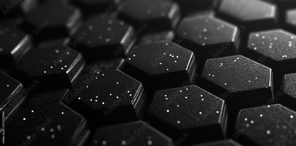 Aufkleber a futuristic hexagon landscape with a wide-angle view on a black background, illustrating a network 