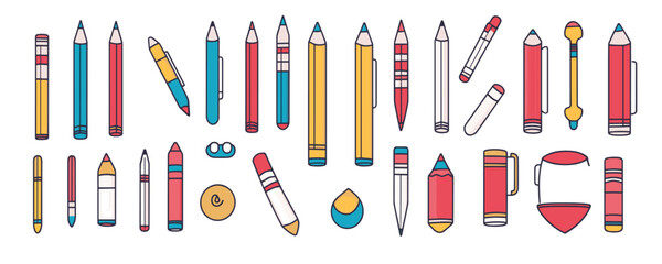Colorful collection of stationery items: pencils, pens, erasers, clips, and drawing tools. Vector