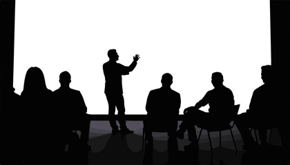 Speaker presenting to audience silhouette against white background