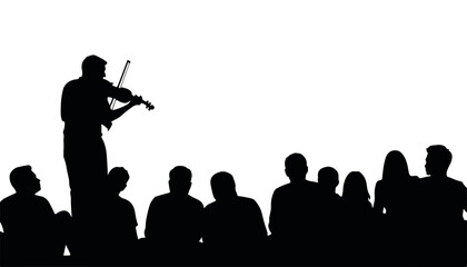 Silhouetted violinist performing for an audience against a white background