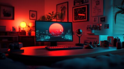 Nighttime Gamer's Room, Neon Cityscape Display