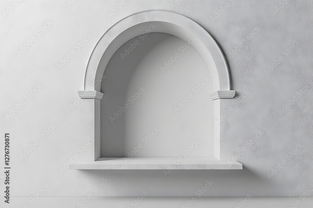 Poster a white, empty 3d rendering of a showcase background with a podium, designed for a shop, featuring a
