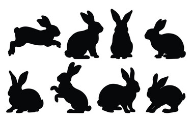 Set of Easter bunny silhouettes isolated on a white background. Various rabbit poses, perfect for decorations, prints, and festive design use.