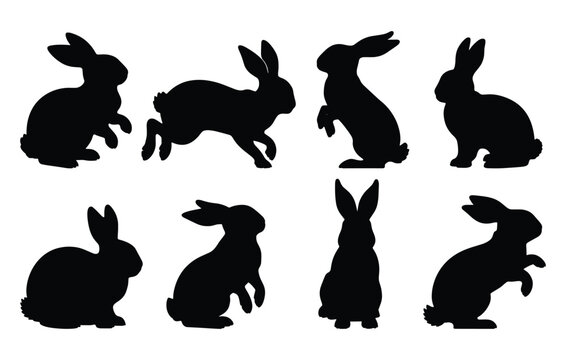 Set of rabbit silhouettes in various poses. Hand drawn black Easter bunny silhouettes isolated on a white background. Perfect decorative elements for design.