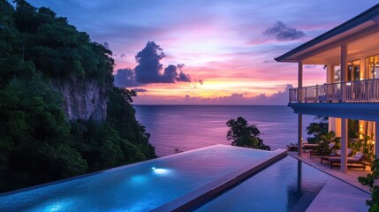 Luxury Cliffside Villa with Infinity Pool at Sunset.