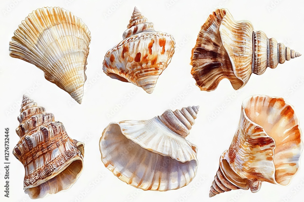 Poster isolated seashells in watercolor, presented on a clear background in image format