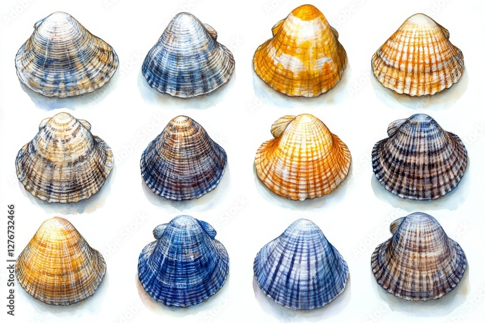 Poster a watercolor collection of various seashells on a transparent background in image format