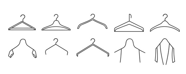 Various clothes hanger types: a collection of minimalist black line drawings. Vector