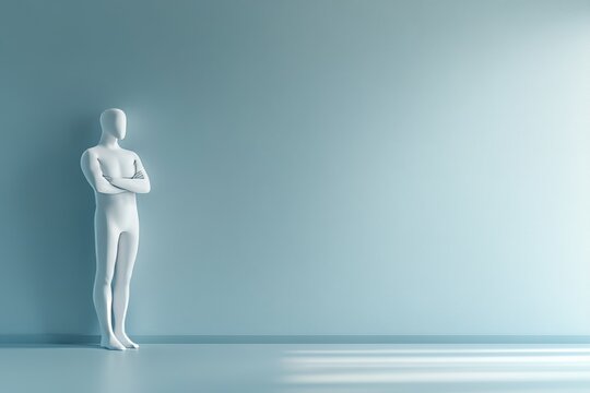 An introverted and shy individual, depicted in a 3D illustration, stands with arms crossed, back against a wall, silently watching the surroundings, in a withdrawn mood, without showing their face