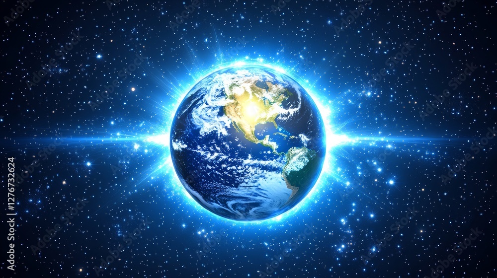 Poster a computerized world globe, representing the notion of a global network and connectivity