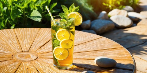Lemon and Mint Infused Water on a Wooden Table 