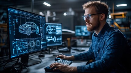 The chief automotive engineer, a male, sits at his desk, using a computer to monitor the car factory's activities