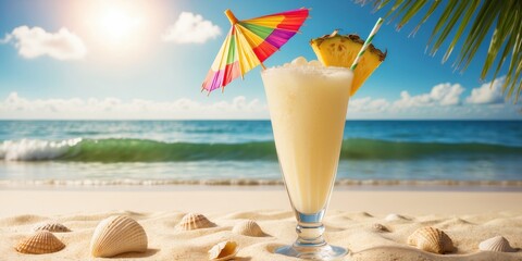  Tropical Pi&ntilde;a Colada with Umbrella on the Beach