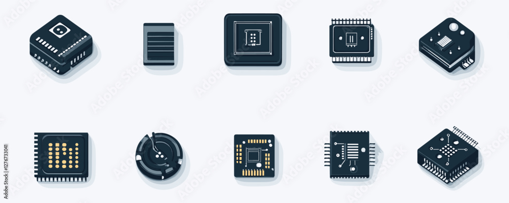 Poster collection of various microchips in different designs and shapes on a light background. vector
