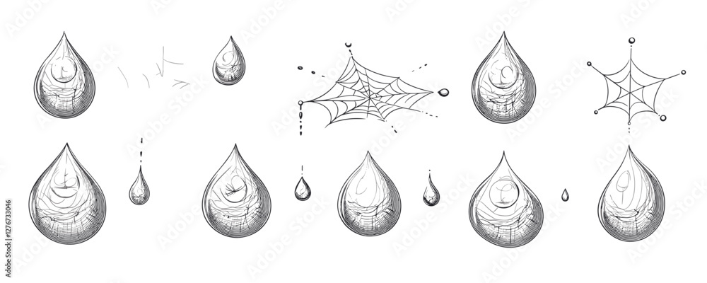 Aufkleber intricate spider webs and water droplets design with reflective patterns on white background. vector