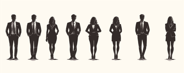 Stylish group of business professionals silhouetted against white background. Vector