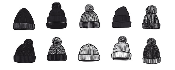 Variety of knitted winter hats with pom-poms in different styles and patterns. Vector