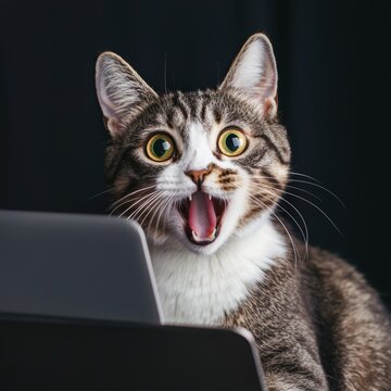 Shocked cat with wide eyes and open mouth staring at a laptop screen, dramatic lighting, hilarious reaction meme, ultra-HD photorealistic detail
