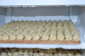Fototapeta premium homemade dumplings pelmeni freezer storage shelves are filled with raw dumplings traditional food preparation process frozen food industry cooking culinary eastern european cuisine family life recipes