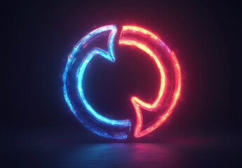 A lively and abstract graphic featuring a red and blue arrow design that glows. The arrows create a circular pattern, implying movement and a futuristic vibe