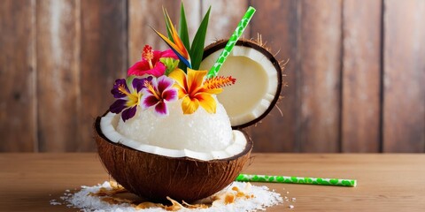 Tropical Coconut Cocktail with Flowers
