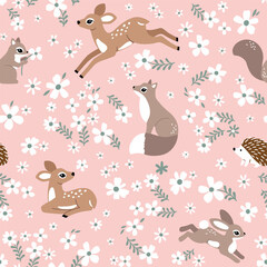Seamless vector pattern with cute fawn, rabbit, fox and hedgehog on floral background. Hand drawn woodland illustration. Perfect for textile, wallpaper or print design. EPS10 vector file.