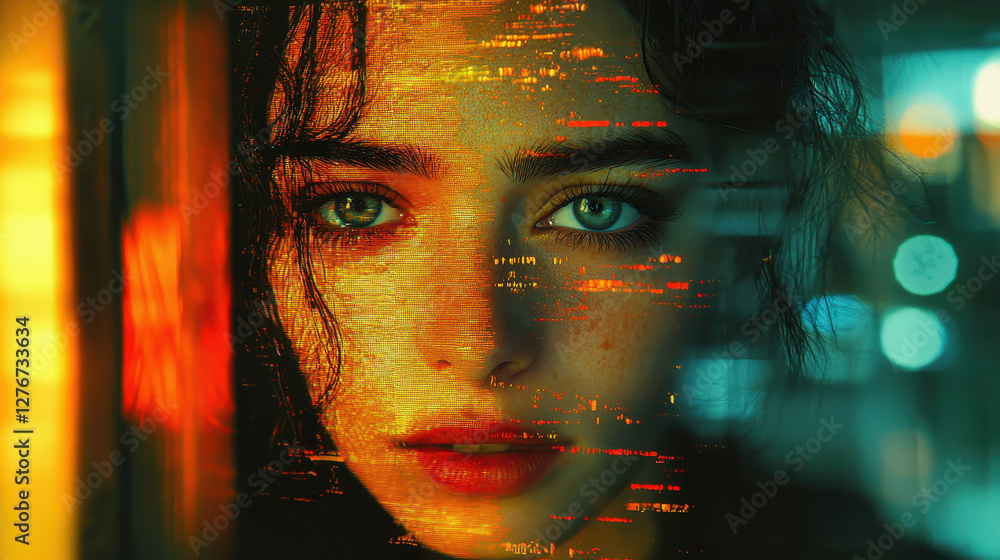 Poster dramatic close-up of a person's face transforming into a deepfake with digital glitches creating a s