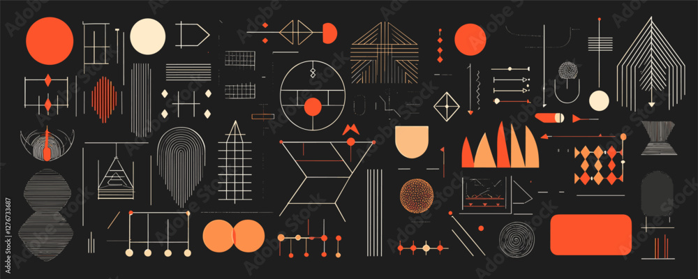 Aufkleber abstract geometric patterns on black background featuring orange and cream elements. vector