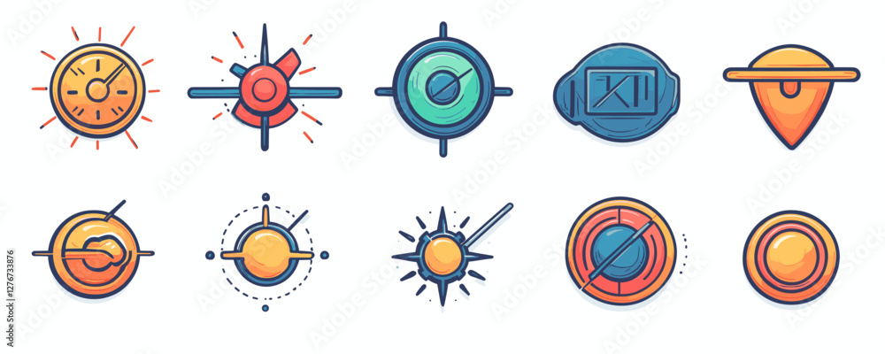Poster set of eight colorful abstract circular icons with geometric designs. vector