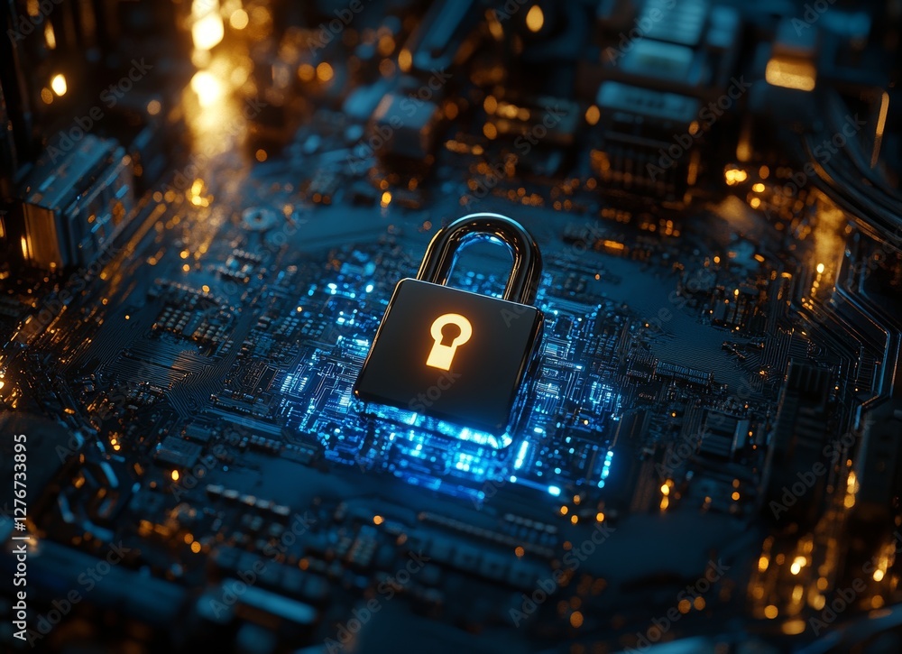 Poster a luminous blue lock stands prominently in the middle of a digital thoroughfare, symbolizing cyberse