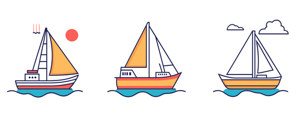 Minimalist illustration of three colorful sailboats on water with sun and clouds. Vector
