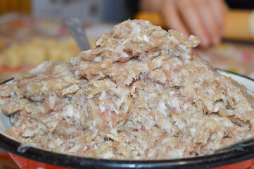 bowl of raw minced meat mixture for making dumplings meat pies filling ingredients cooking recipe preparation food processing meat grinding mixing techniques cultural cuisine traditional dish tips