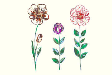 three bright chamomile and peony flowers on a beige background